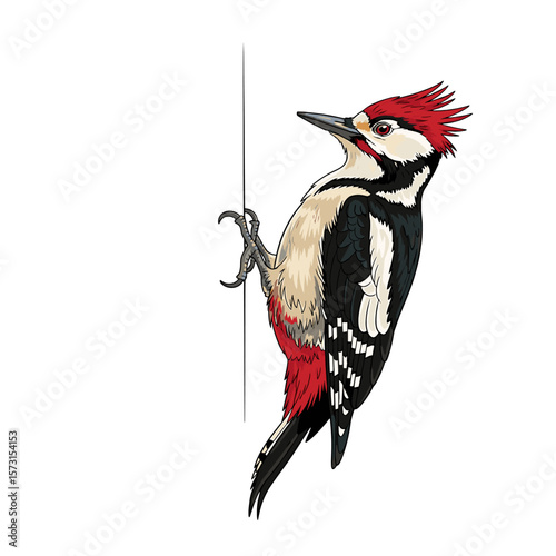 Detailed illustration of a Great Spotted Woodpecker perched on a vertical surface.