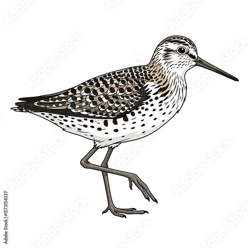 Detailed illustration of a Pectoral Sandpiper, showcasing its speckled plumage and slender legs.