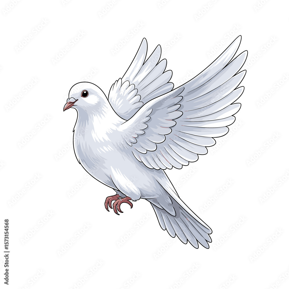 A white dove in flight, wings spread, depicted in a detailed illustration style. A white dove in flight, wings spread, depicted in a detailed illustration style.