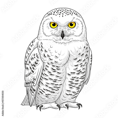 A detailed illustration of a snowy owl with bright yellow eyes, perched.