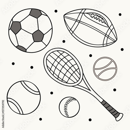 A vector set of diverse sports equipment icons, including balls for football, basketball, tennis, baseball, volleyball, golf, rugby, bowling, and hockey, perfect for game and team illustrations