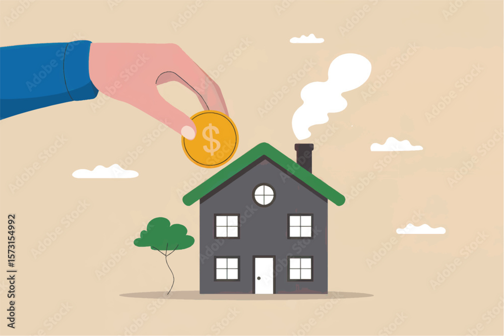 Φωτογραφία Hand placing a golden dollar coin into the roof of a house with smoke coming fro