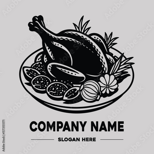 Roast Chicken on a White Plate With Vegetables Vector Logo Design