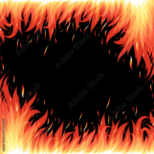 Fire flame seamless double sided border. Bright fiery flames, heat wildfire, campfire red hot bonfire hand drawn isolated on white. Flat style seamless border burning frame. Vector illustration