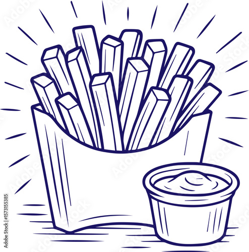 French fries with dipping sauce in hand-drawn sketch style