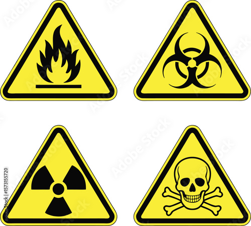 Warning signs representing various hazards: flammable, biohazard, radiation, and poisonous elements