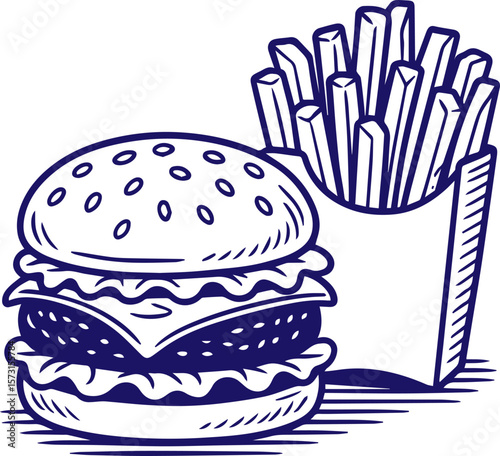 Cheeseburger and fries in hand-drawn sketch style