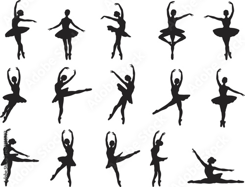 Ballet dancer silhouette set, ballerina poses collection, elegant dance art, classical performance, vector illustration, isolated, white background, artistic movement, tutu dress, graceful