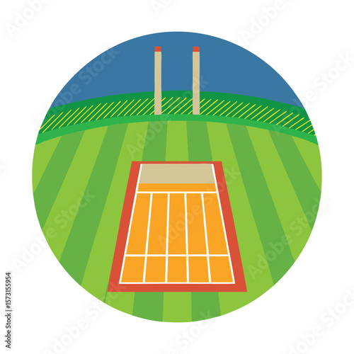 Stylized illustration of a cricket pitch with wickets and oval field