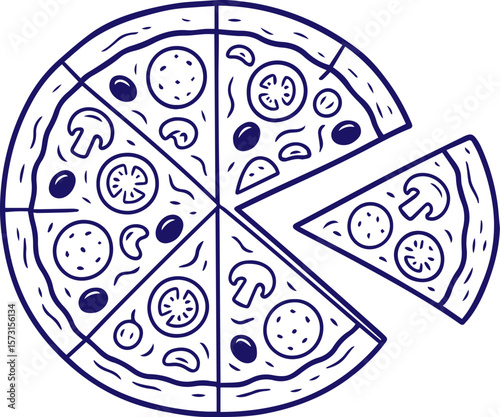 Whole pizza with one slice removed in line art style