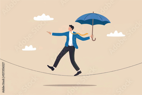 A determined businessman in a suit walks a tightrope holding a blue umbrella for balance and protection against potential risks isolated on transparent background