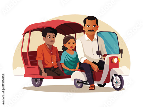 Family riding in a red auto rickshaw with a driver and passengers isolated on white background
