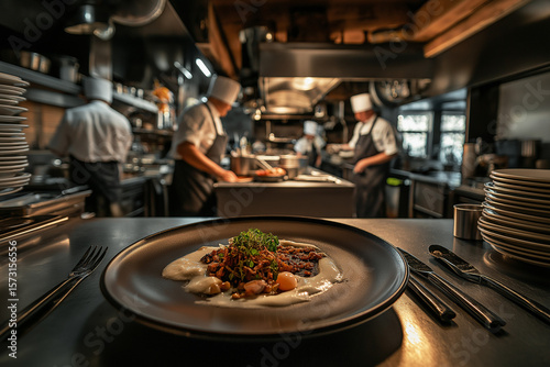 Gourmet entrée with creamy sauce and microgreens plated on a black dish in a bustling restaurant kitchen