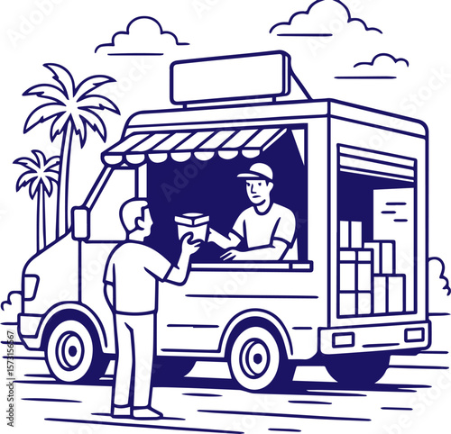 Food truck serving customer in tropical outdoor setting