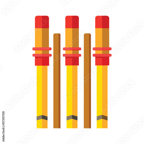 Three yellow cricket stumps with red bails on a white background