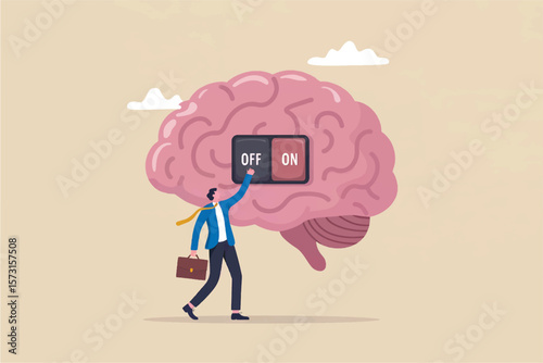 Businessman flipping an on off switch on a large human brain symbolizing control over thoughts and mental state isolated on transparent background