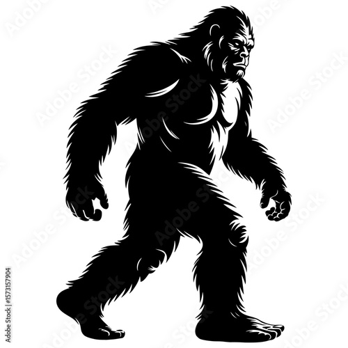 Silhouette of a bigfoot walking on a white background