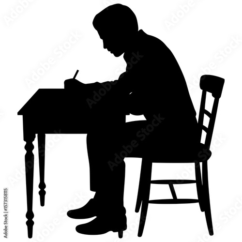 Silhouette of person writing at a wooden desk chair