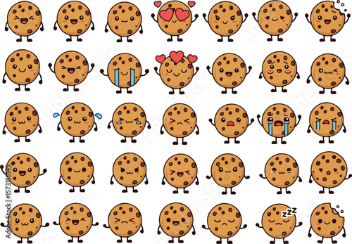 Set of cute kawaii chocolate chip cookie characters. Vector emoji and emoticon collection with different emotions.

