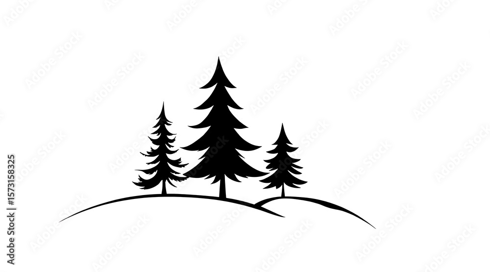 Fototapeta premium Black silhouette of three evergreen trees on a white background image