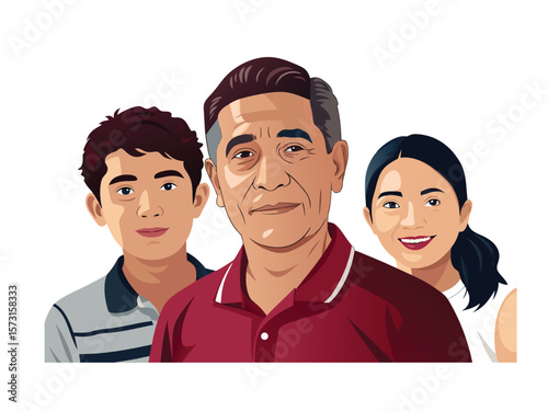 A happy family portrait featuring a father with his son and daughter isolated on white background
