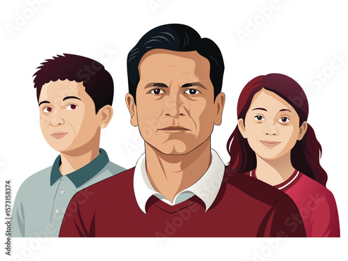A father and his two children a son and daughter depicted as a family portrait isolated on white background
