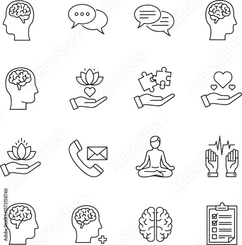 Brain health communication meditation and care icons head profile