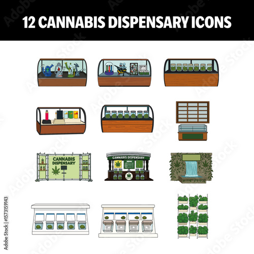 12 Cannabis Dispensary Icons Vector Set – Retail Storefronts and Counters