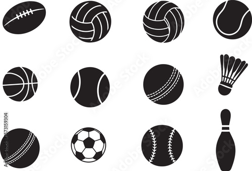 A Collection of Sporting Icons: An arrangement of various sports equipment icons with clean shapes and sharp lines, offering a visually striking set, perfect for diverse applications.