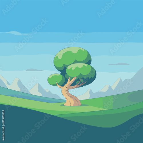 Stylized cartoon tree stands alone on a rolling green hill landscape