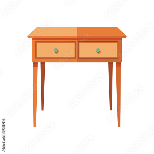 Simple wooden console table with two drawers and tapered legs on white background