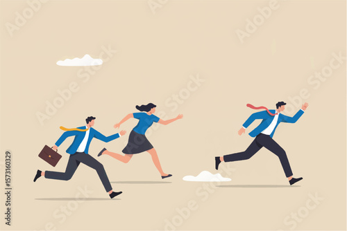 Three diverse businesspeople in suits and ties running forward with determination and ambition in a race for success isolated on transparent background