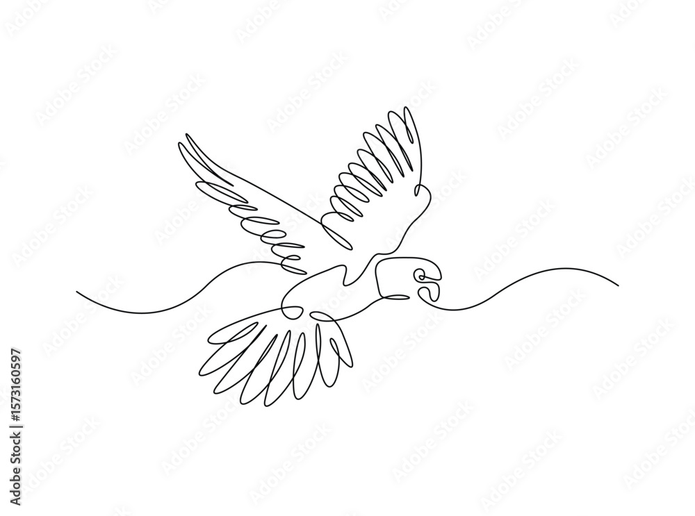 Fototapeta premium Flying parrot bird in single outline illustration. Continuous line art drawing of cockatoo bird.