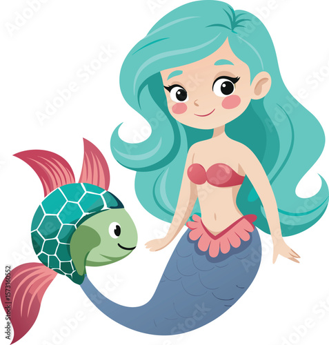 mermaid with shy smile and turtle friend white bg