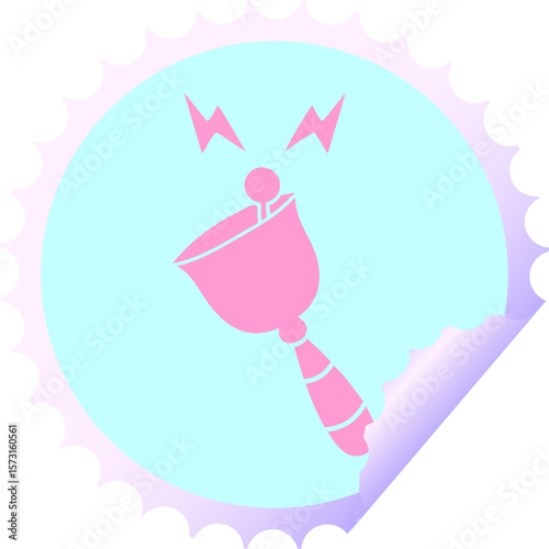 circular peeling sticker cartoon of a ringing hand bell in bright neon color