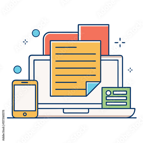 Digital workspace with laptop smartphone and documents illustration