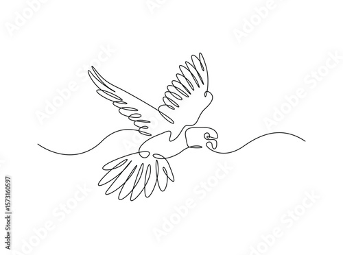 Flying parrot bird in single outline illustration. Continuous line art drawing of cockatoo bird.