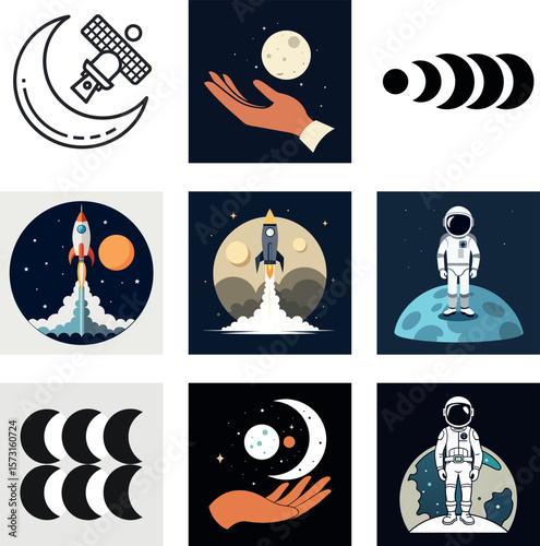 International Moon Day Vector Set – Space, Astronomy & Lunar Exploration Icons