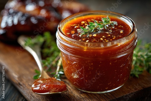 A jar of homemade BBQ sauce sits on a wooden surface, surrounded by fresh herbs, highlighting a perfect addition to summer grilling
