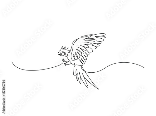 Flying parrot bird in single outline illustration. Continuous line art drawing of cockatoo bird.