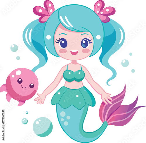 mermaid with twin buns and jellyfish friend