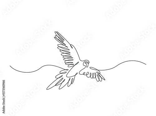 Flying parrot bird in single outline illustration. Continuous line art drawing of cockatoo bird.