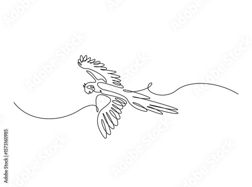 Flying parrot bird in single outline illustration. Continuous line art drawing of cockatoo bird.