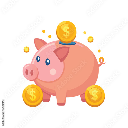 Cute cartoon piggy bank with gold coins symbolizing savings and financial growth