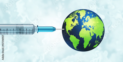 Fototapeta Naklejka Na Ścianę i Meble -  Fighting A Pandemic fighting a global contagious disease as a syringe injecting a vaccine into the planet earth to prevent world disease for public health protection.