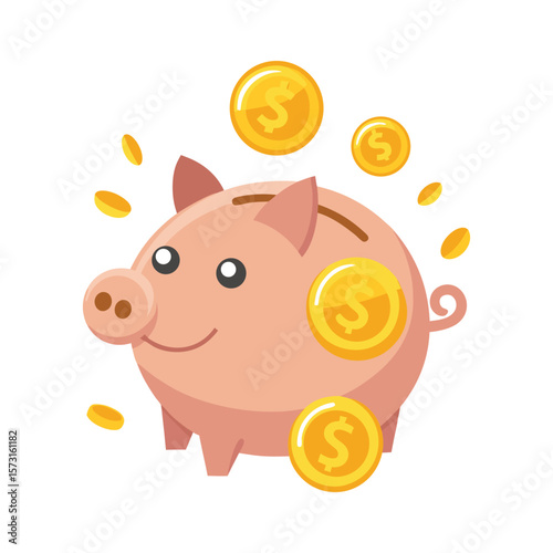 Happy cartoon piggy bank with falling gold coins symbolizing savings and wealth