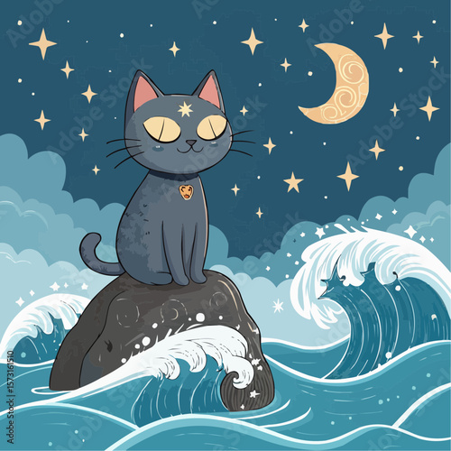 Mystical Cat with Glowing Eyes Floating Above Water