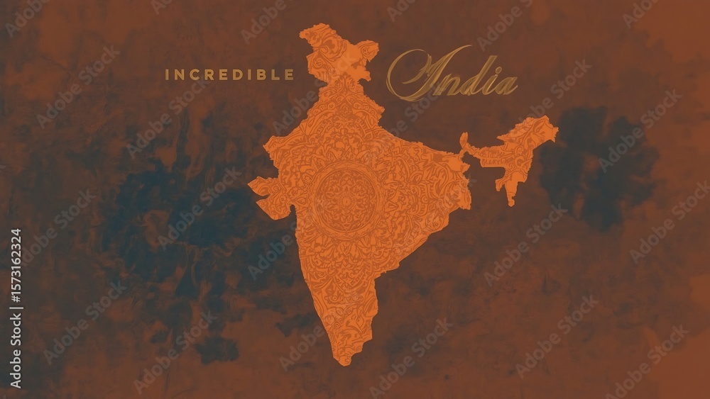 Naklejka premium Map of India with Terracotta Gradient and Gold Incredible India Text and Traditional Motifs