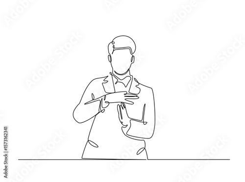 Man showing time-out hand gesture in single outline illustration. Continuous line art drawing of break time hand sign.