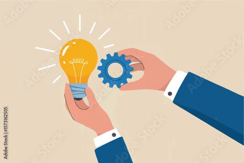 Business person s hands assembling a bright yellow light bulb with a blue gear to symbolize innovation and problem solving isolated on transparent background